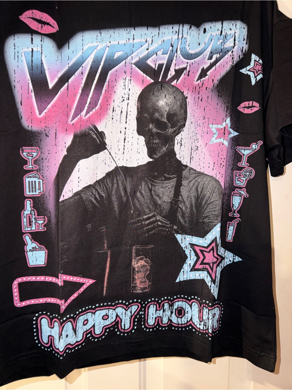 Skull 'Happy Hour' Graphic Tee in Black with Pink & Blue Accents
